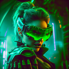 Green Hag Wearing Modern Steel Uniform Cyberpunk Style. Generative Ai