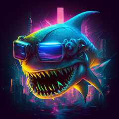 Hammer shark fish cyberpunk style. Generative Ai. - obrazy, fototapety, plakaty