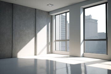 unoccupied room with a large interior, copy area, and morning sunlight on the window glass. Generative AI
