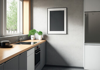 Gray countertops, a square window, a concrete floor, and a framed poster on the wall can all be found in the corner of a kitchen. a mockup. Generative AI