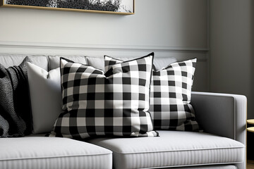 Two grey square cushions and a lumbar pillow with a black and white check pattern are mocked up on a white sofa. Generative AI