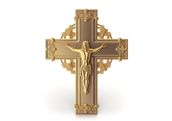 Golden crucifix cross with Jesus isolated on white. Generative AI