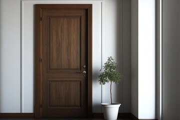 Mockup of a blank wooden door. room with white walls. Generative AI