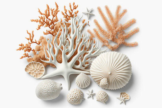Collection of white sea shells and corals on white. Generative AI