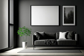 Black contemporary minimalist interior with sofa, two frames, coffee table and decor. illustration mockup. Generative AI