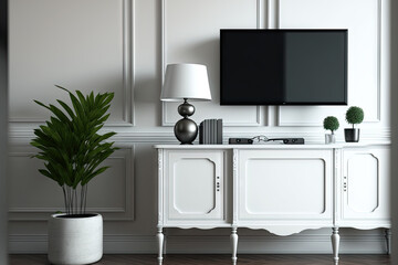 classic, luxurious, vintage white objects, a desk, and a cabinet. Generative AI