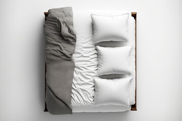 Modern bed with cozy mattress and blanket in top view against white background. Generative AI
