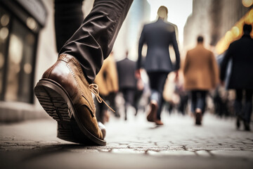 Fototapeta premium Pacing the City Streets: The Busy Rhythm of Feet Walking (AI Generated)