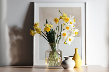 Home interior . Daffodils in a vase, spring flowers on a light background. Generative AI