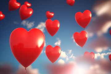 Obraz na płótnie Canvas Bunch of heart shaped balloons in blue sky, valentine's day concept romantic generated by AI