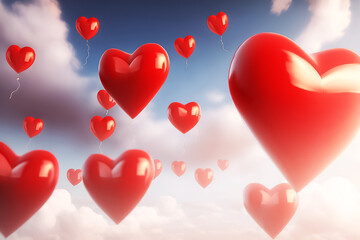 Bunch of heart shaped balloons in blue sky, valentine's day concept romantic generated by AI