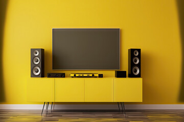 Modern interior of living room with wall mounted tv on yellow wall background. Generative AI