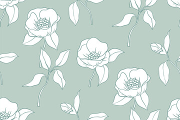 Seamless floral pattern with rustic motif. Delicate flower print, simple botanical design with hand drawn flowers buds, leaves on a branch. Large white flowers on a blue background Vector illustration
