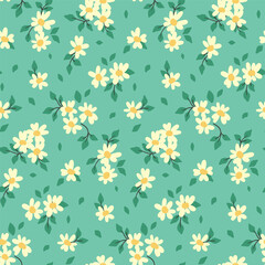Seamless floral pattern, spring ditsy print with cute white daisies on a blue background. Pretty botanical background with small hand drawn flowers, tiny leaves in liberty arrangement. Vector.