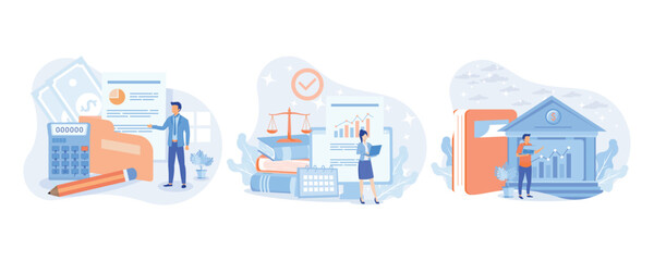 Financial illustration set. Lawyers working with public finance, tax law and other economics branches. Government spending, revenue and taxation concept.set  flat vector modern illustration 