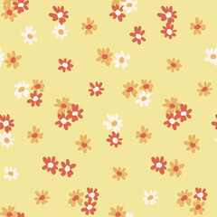 Seamless floral pattern, cute ditsy print with mini flowers heads. Simple botanical design with a retro motif: small hand drawn flowers in a liberty arrangement on a light background. Vector.