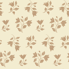 Seamless floral pattern with textural silhouettes of plants. Botanical print with a rustic motif: hand drawn small flowers with branches, leaves on a light beige background. Vector illustration.