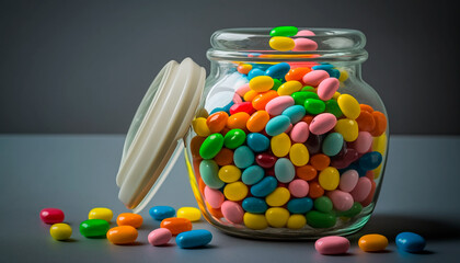 colorful jelly beans in a glass jar. Generative AI