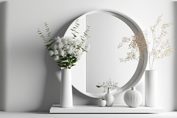 Mockup of a minimalist white living room shelf. interior house decor for the living room. a cozy internal shelf, a round mirror, a lamp, and flowers. Modern white wall with no furniture. Space backdro