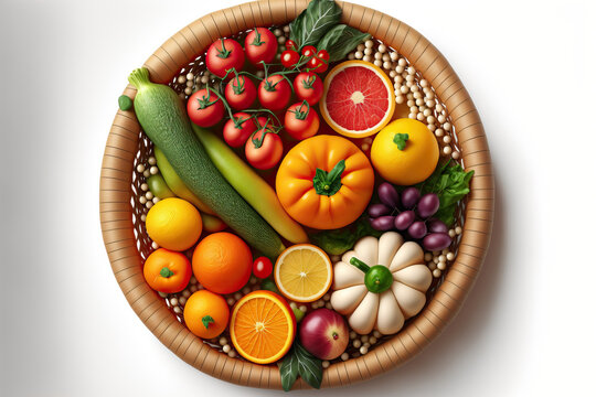 In the basket, healthy food. Top view studio image of several fruits and vegetables isolated against a white background. high quality output. Generative AI