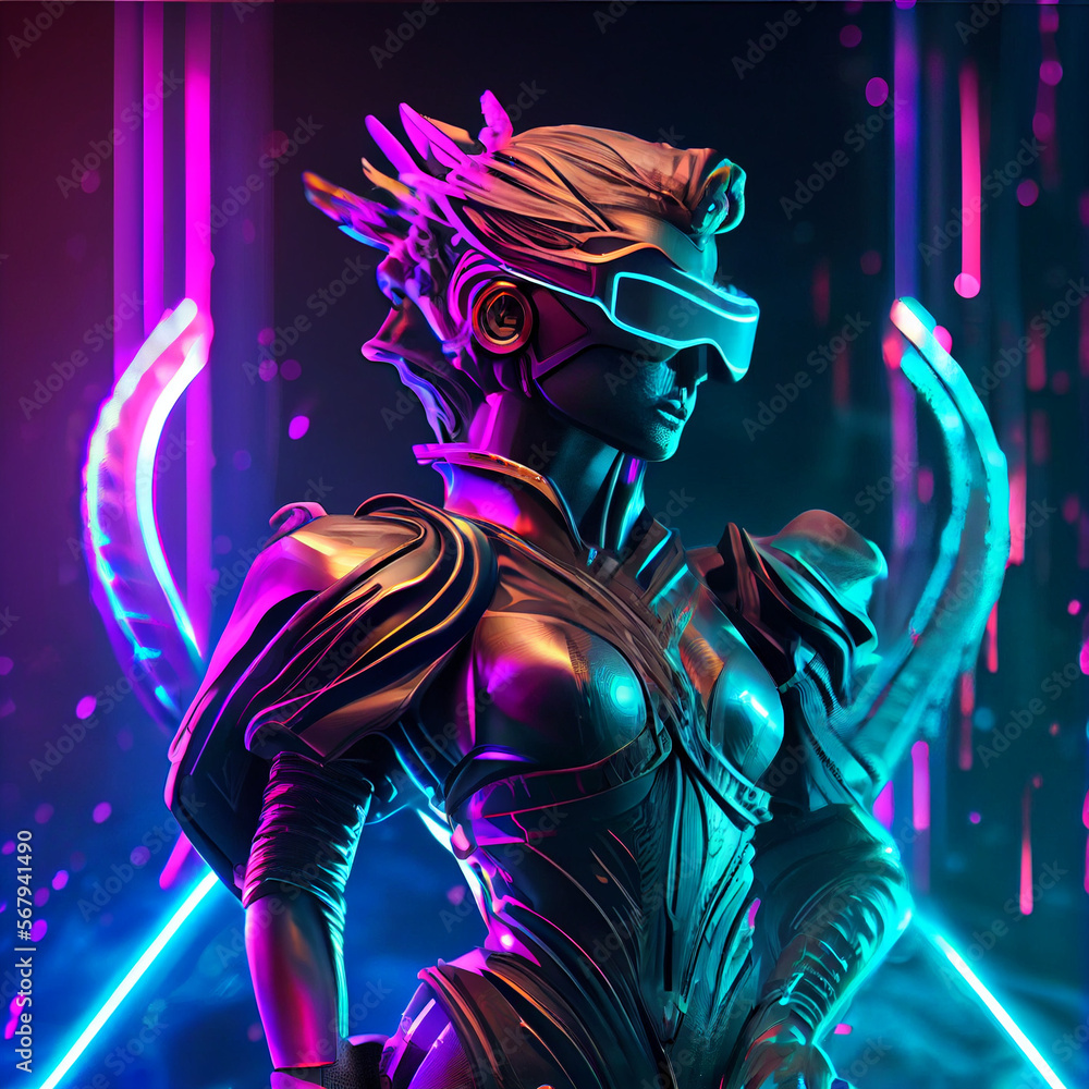 Wall mural Artemis statue cyberpunk style. Generative Ai.