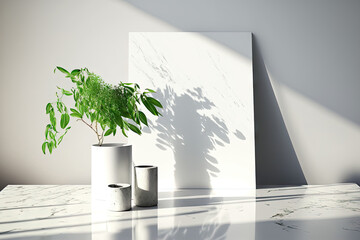For a mockup product presentation, a marble table with a tree shadow drop is displayed against a white wall. Generative AI