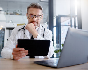 Tablet, medical doctor and man in hospital for telehealth, online consultation and healthcare....