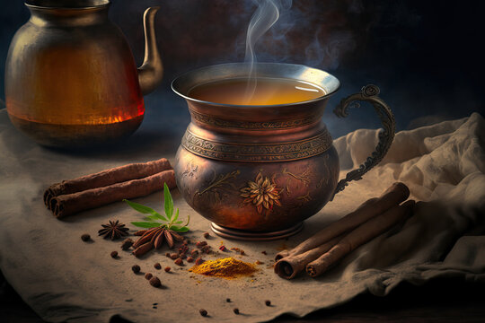 tea flavored with curry. A traditional national Indian beverage made with tea, milk, and spices. Generative AI