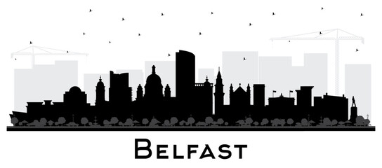 Obraz premium Belfast Northern Ireland City Skyline Silhouette with Black Buildings Isolated on White. Vector Illustration. Belfast Cityscape with Landmarks.