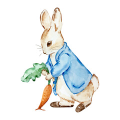 Watercolor cute rabbit rabbit in a blue jacket with carrot