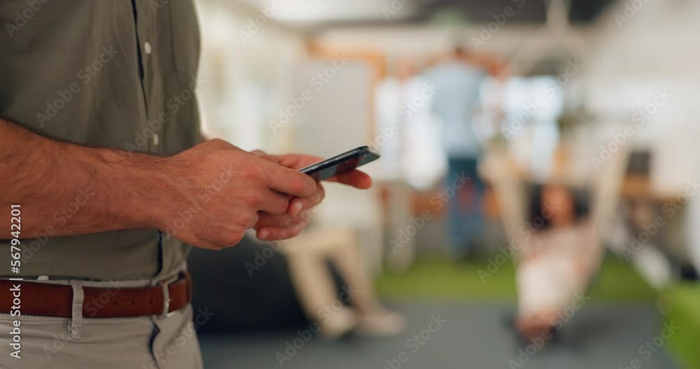 Poster phone, startup workspace and man hands typing in creative networking, social media or email on mobil