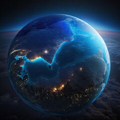 Aerial view of Earth globe, blue planet from space, Sunrise over city lights and nice ocean, Made by AI,Artificial intelligence