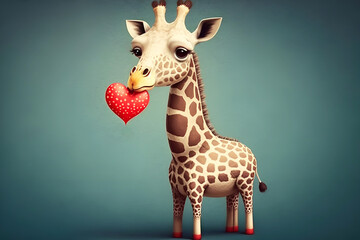 Giraffe holding red heart in its mouse, love valentine concept generated by AI