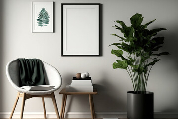 Stylish living room decor includes a mock up poster frame, a wooden stool, a book, a leaf in a ceramic vase, and classy personal items. minimalist design idea for the home. Template. Generative AI