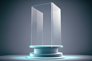 Background, crystal glass pedestal, and podium. transparent crystal glass serves as the product presentation platform and round display stand. Generative AI