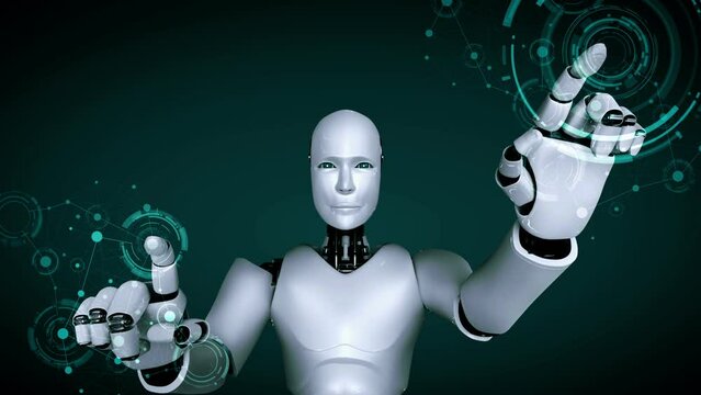 Futuristic robot artificial intelligence huminoid AI programming coding technology development and machine learning concept. Robotic bionic science research for future of human life. 3D rendering.