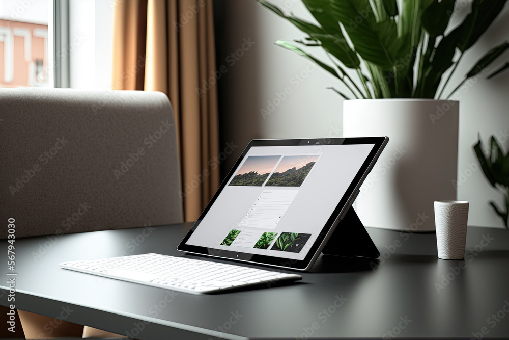 Poster mockup of a tablet with a blank screen and a smart keyboard in a living room background. generative 