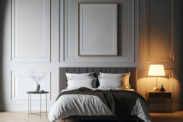 A modern bedroom with a white wall and an empty picture frame. interior design mockup in a modern aesthetic. Free copy room for your poster or picture. bed, sofa, console, and light. Generative AI