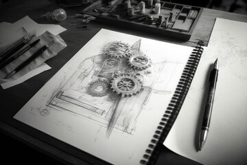 Mechanical plans on table pencil sketch black and white, ai