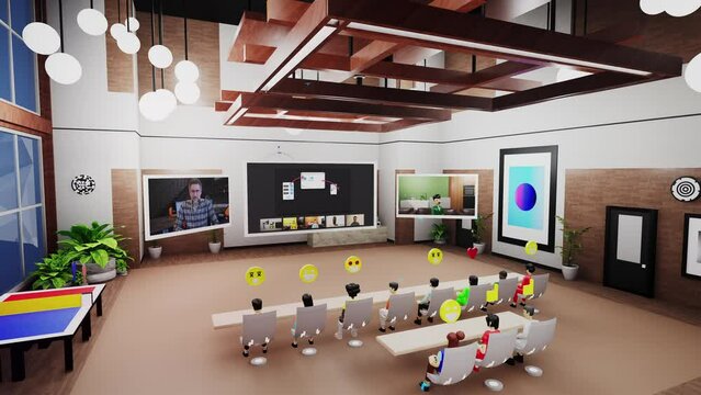 3D avatars with icons present new business product by video call with team of people. Business conference in futuristic virtual office. Concept of metaverse, digital world and technologies of future.