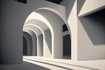 architectural history Perspective of a contemporary white concrete arching composition. form semicircles. the final ray of light. Generative AI