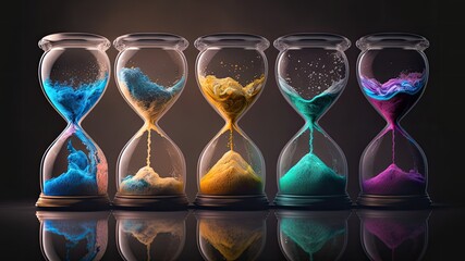 Fototapeta premium Rainbow collection of colorful hourglasses showing the passage of time, ai
