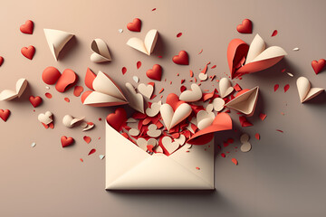 valentines day cardHeart-shaped notes on Valentine's Day: Love is in the air with heart-shaped notes coming out of an open envelope. Perfect for greeting cards, love stories and romantic concepts. 