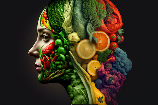 Veggie-face portrait of a woman made with fresh, colorful vegetables. Perfect for healthy living, food & nutrition concepts.