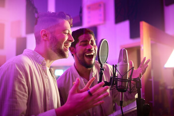 Men, face or singing on neon studio microphone for album, song or radio recording in night...