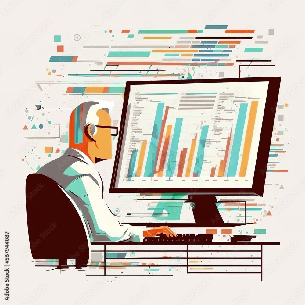 Poster analyst working with business analytics and data management system on computer, make a report with k