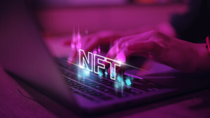 finger touch virtual screen, NFT token digital crypto art blockchain technology concept