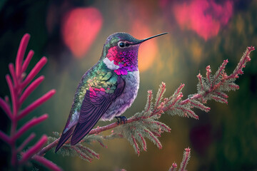 Male adult Anna's hummingbird. Santa Cruz, USA, in California. Generative AI - obrazy, fototapety, plakaty