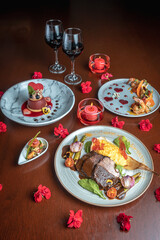 Background photos of a Valentine's dinner at a restaurant table.