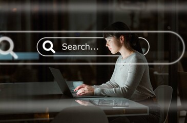 Digital marketing, overlay or woman typing to search for content on internet, website or online in...